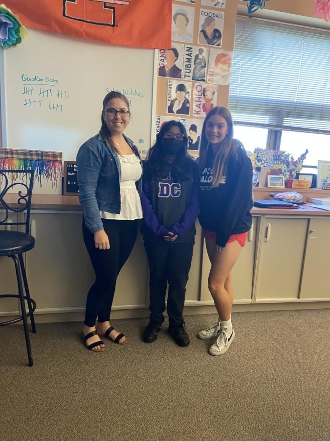 Club sponsor Erin McGinnis with club founders Aadya Karna and Madison Cyranek in room 120