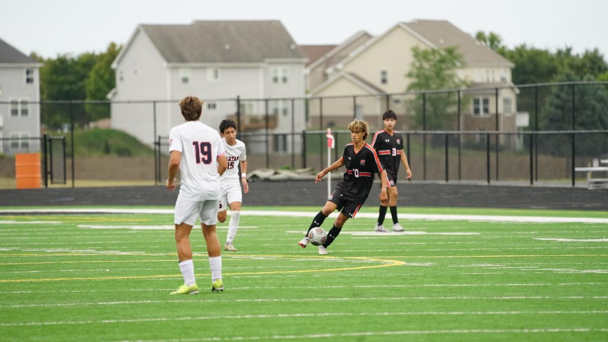 Senior players, Yandel Reyes and Andres Vega, at their home game against Romeoville High School on Sept. 5. Plainfield East won 3-2.