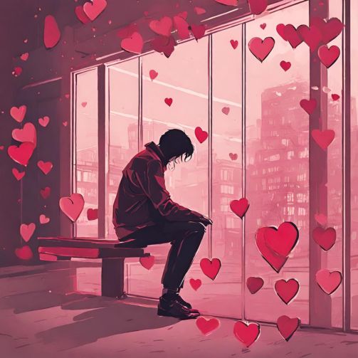 This graphic shows man is sitting alone on a bench inside a building on Valentines Day as hes single with no one to celebrate with. 