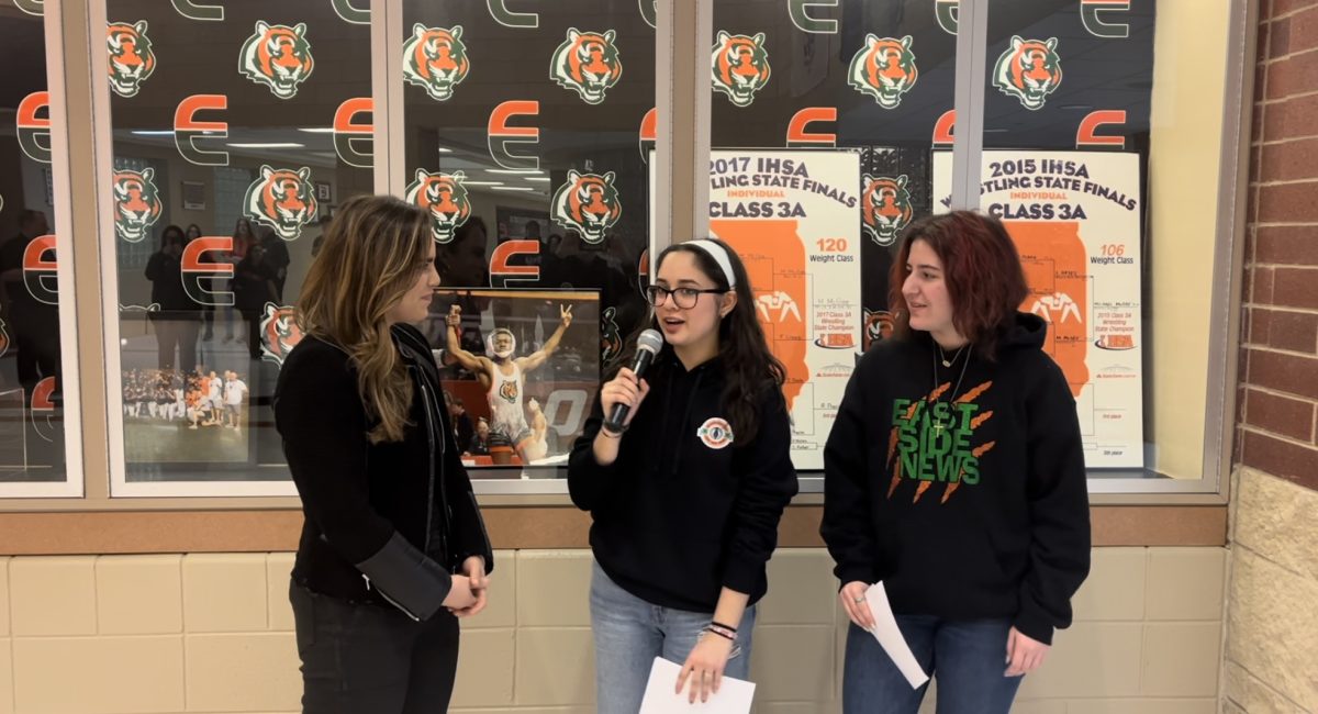 ESN+journalists+Daniella+Torres+and+Mia+Graske+interview+CBS+reporter%2C+Marissa+Perlman%2C+on+Mar.+15+about+her+reporting+career+and+her+story+on+Plainfield+East+High+School.