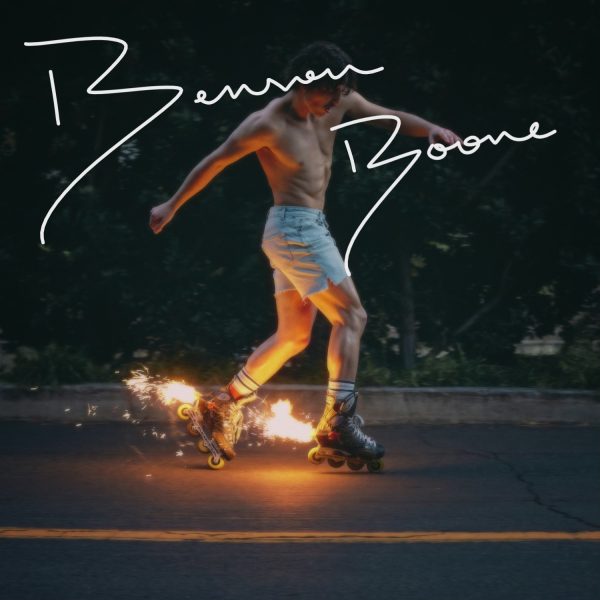 Benson Boone rollerblades on the cover of his new album Fireworks & Rollerblades.